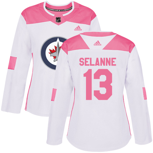 Adidas Jets #13 Teemu Selanne White/Pink Authentic Fashion Women's Stitched NHL Jersey